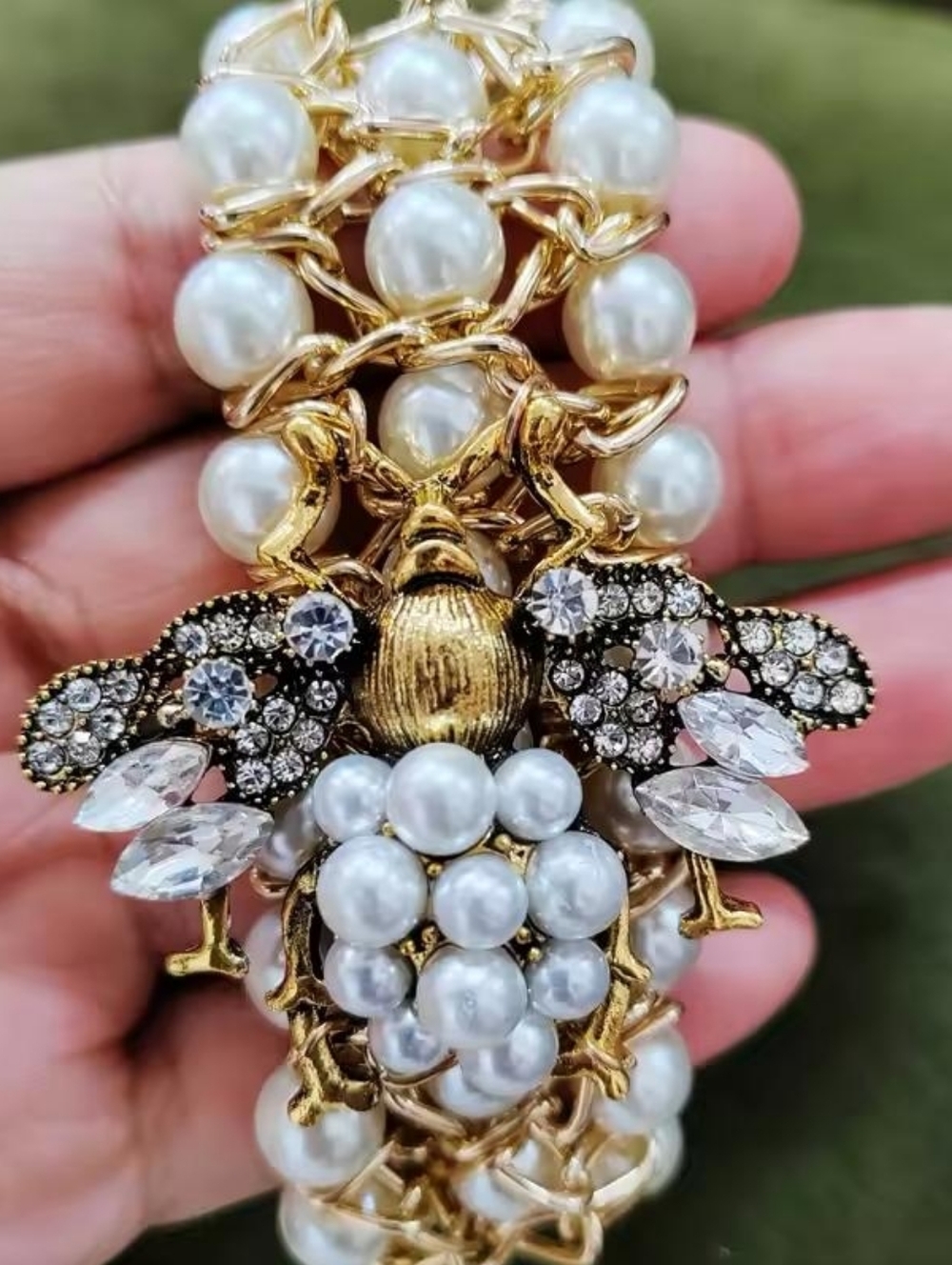 Anthropologie Gold Tone Pearl Bracelet with Crystal Bee Motif - Picture 2 of 2